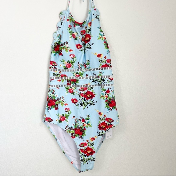 CUPSHE Women's Light Blue Floral Scalloped Halter One Piece Swimsuit NWT Size L - Picture 3 of 9